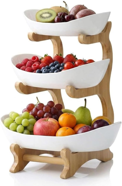 Cavyno™ - 3 Tier Ceramic Fruit Bowl with Bamboo Stand