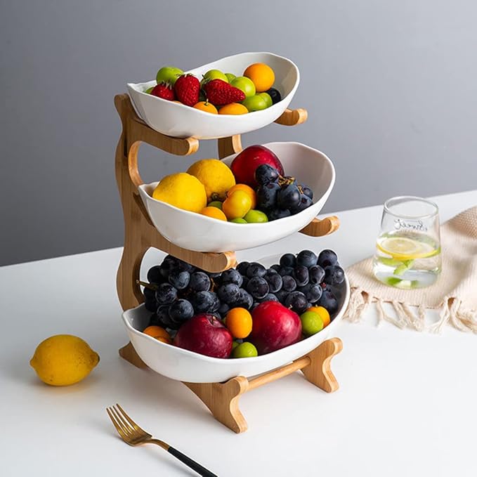 Cavyno™ - 3 Tier Ceramic Fruit Bowl with Bamboo Stand