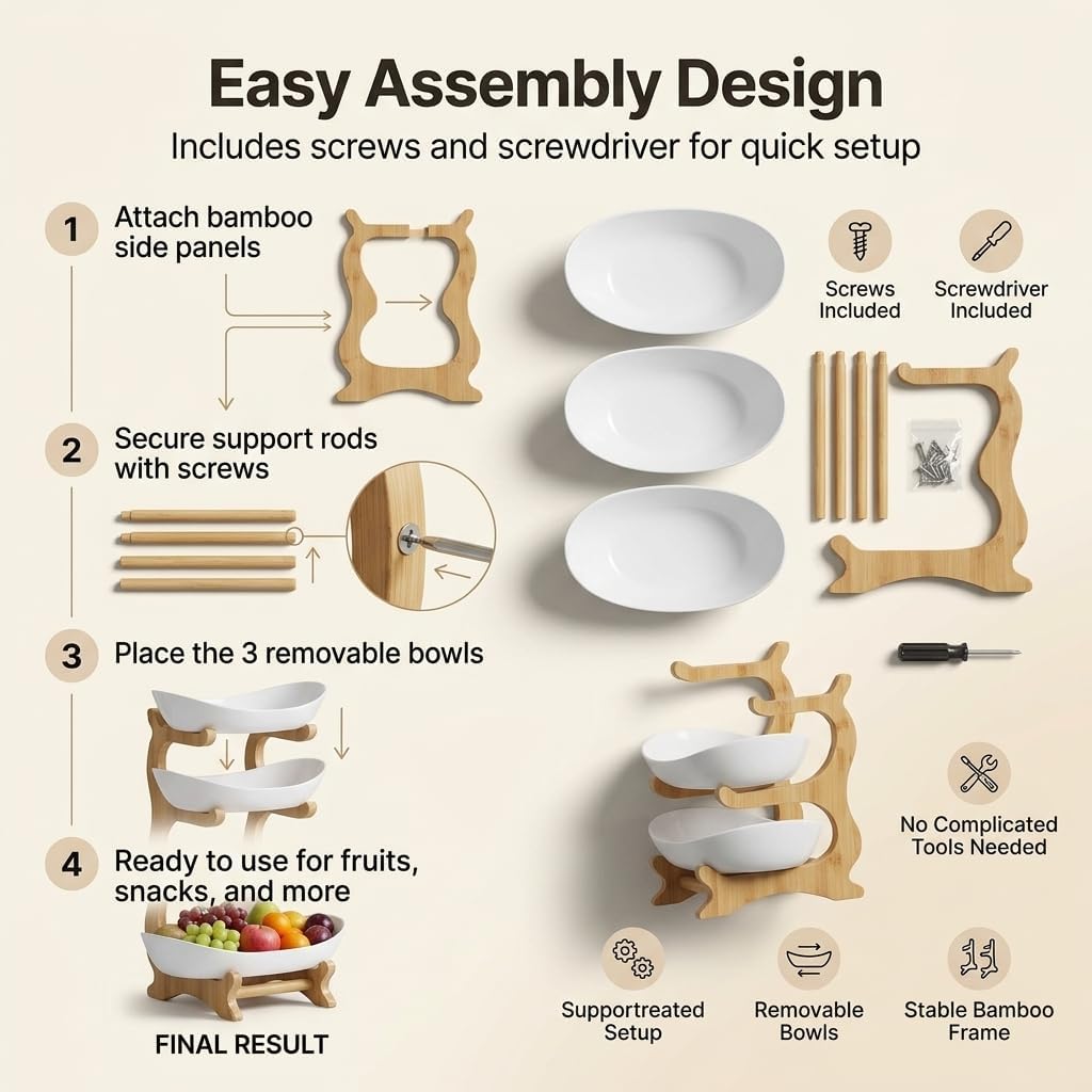 Cavyno™ - 3 Tier Ceramic Fruit Bowl with Bamboo Stand
