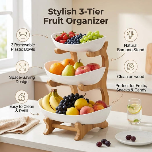 Cavyno™ - 3 Tier Ceramic Fruit Bowl with Bamboo Stand