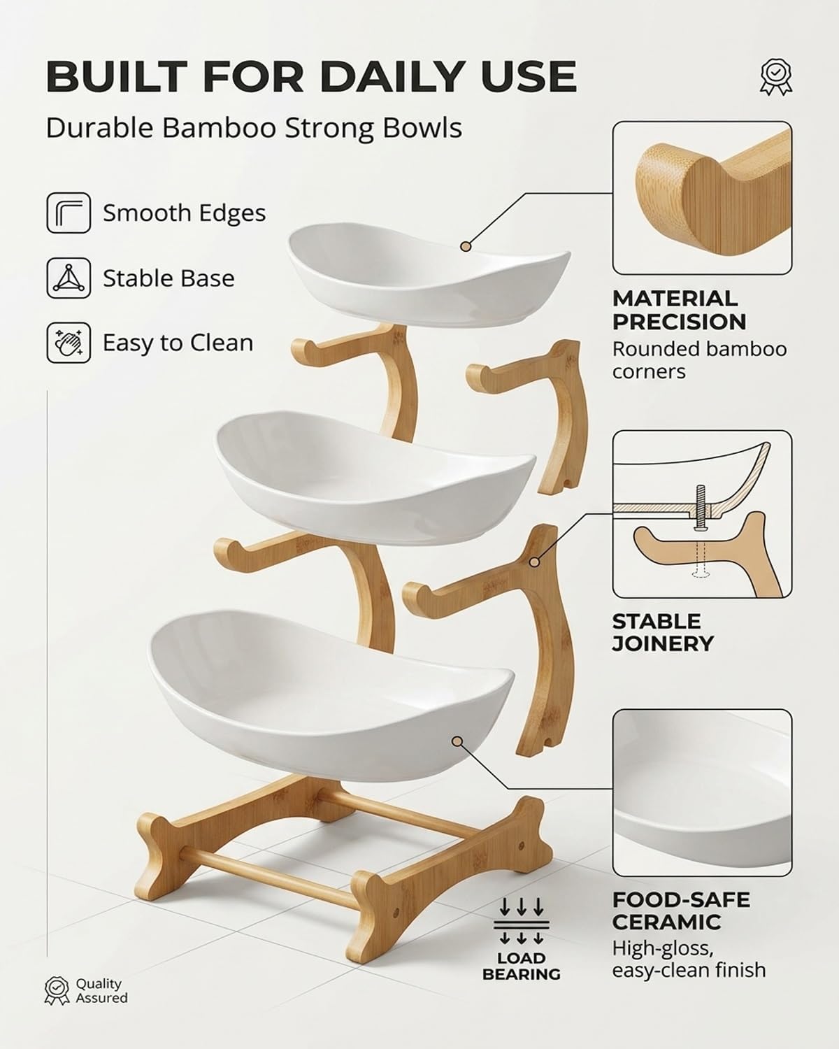 Cavyno™ - 3 Tier Ceramic Fruit Bowl with Bamboo Stand