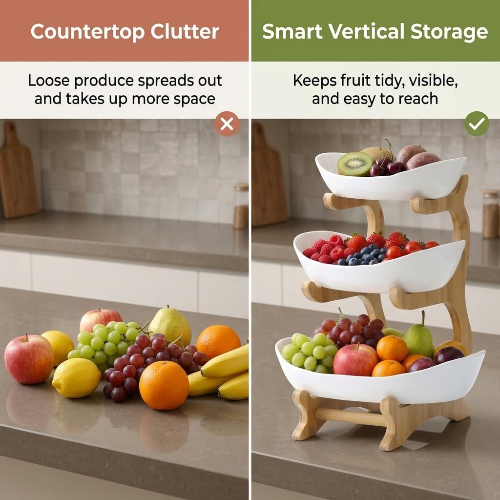 Cavyno™ - 3 Tier Ceramic Fruit Bowl with Bamboo Stand