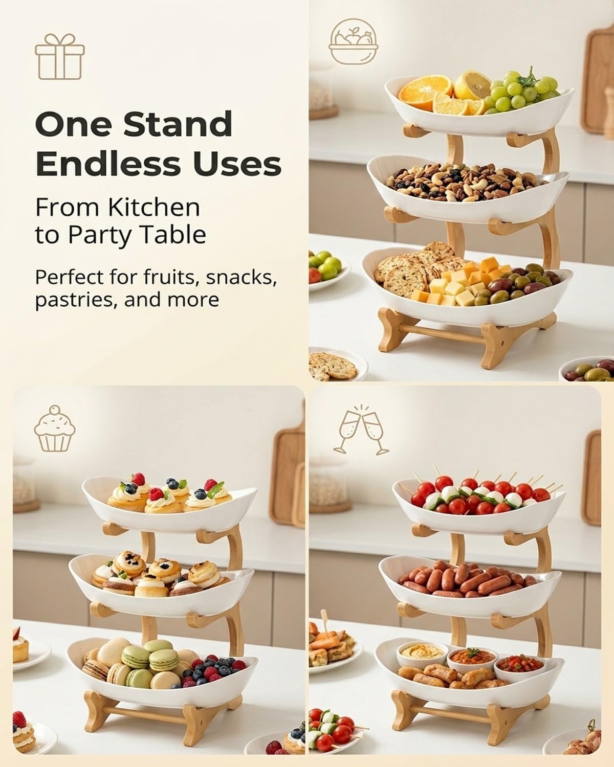 Cavyno™ - 3 Tier Ceramic Fruit Bowl with Bamboo Stand
