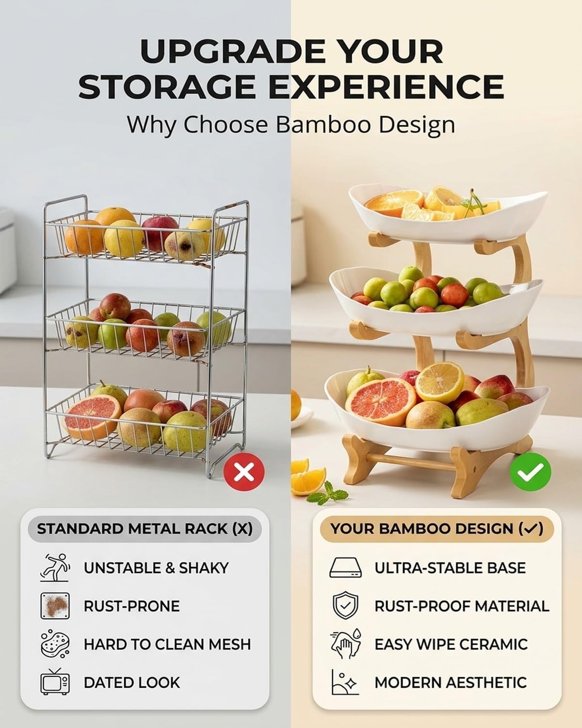 Cavyno™ - 3 Tier Ceramic Fruit Bowl with Bamboo Stand