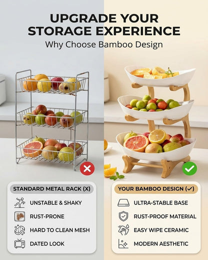Cavyno™ - 3 Tier Ceramic Fruit Bowl with Bamboo Stand