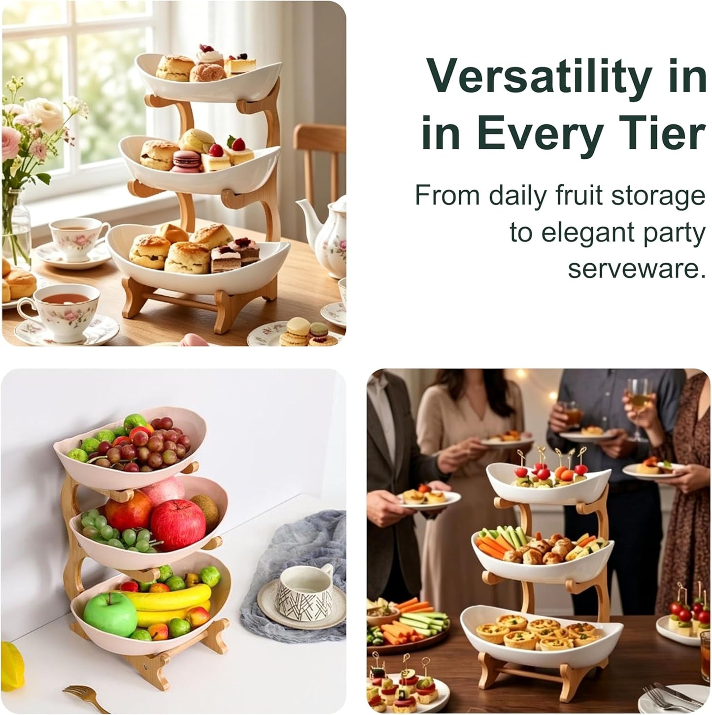 Cavyno™ - 3 Tier Ceramic Fruit Bowl with Bamboo Stand