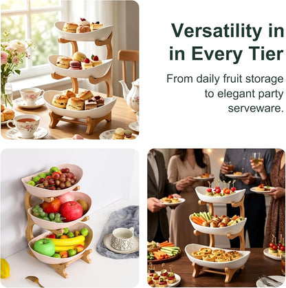 Cavyno™ - 3 Tier Ceramic Fruit Bowl with Bamboo Stand
